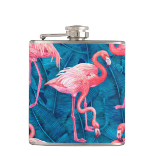 Flamingos auf blauen Bananenblättern Flachmann