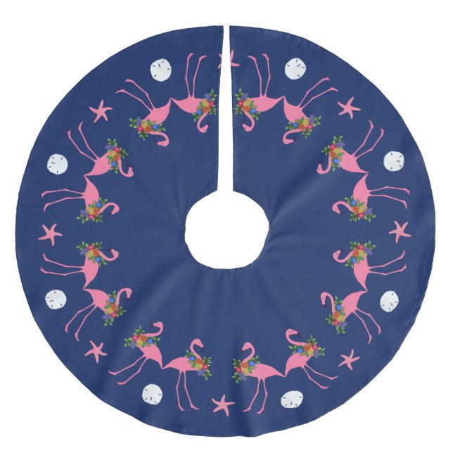 Flamingos auf dem Navy Blue Christmas Tree Skirt Polyester Weihnachtsbaumdecke (Vorderseite)