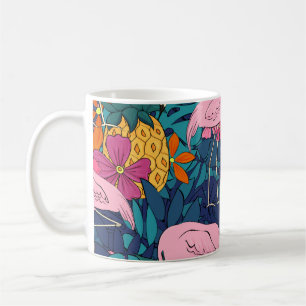 Flamingos auf einem Hintergrund aus tropischen Blä Kaffeetasse