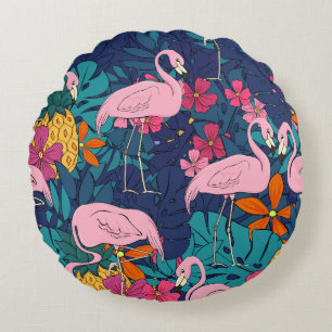 Flamingos auf einem Hintergrund aus tropischen Blä Rundes Kissen