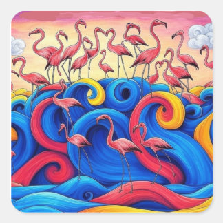 Flamingos auf See, Aufkleber 2,5x2,5 cm, Bogen mit