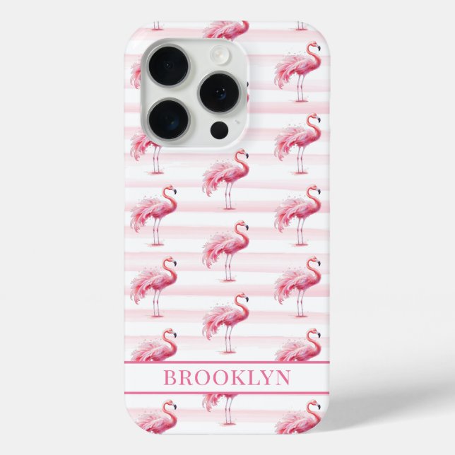 Flamingos auf Wasserfarben-Streifen monogrammiert Case-Mate iPhone Hülle (Rückseite)