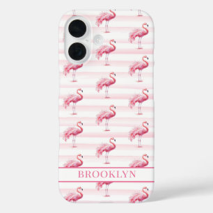 Flamingos auf Wasserfarben-Streifen monogrammiert iPhone 16 Hülle