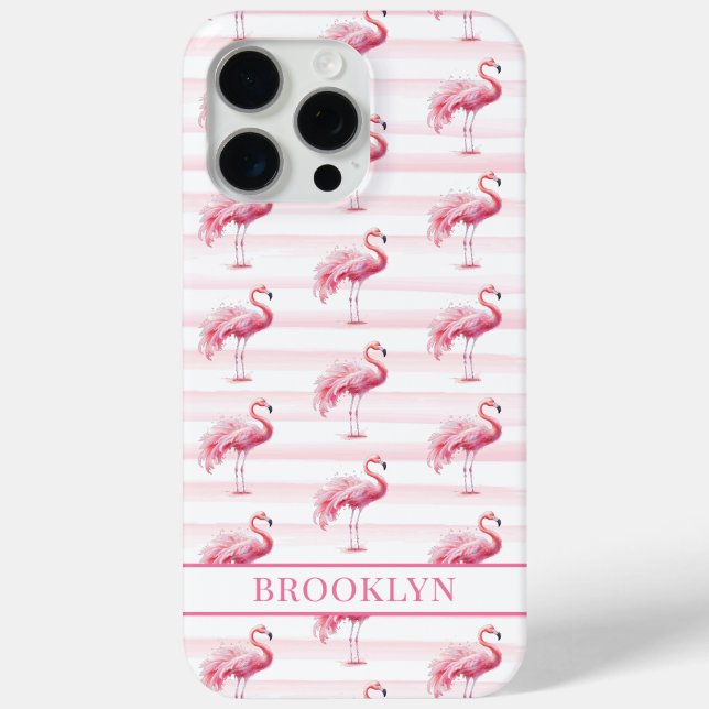 Flamingos auf Wasserfarben-Streifen monogrammiert Case-Mate iPhone Hülle (Rückseite)