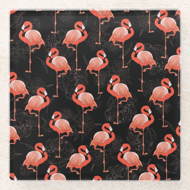 Flamingos Birds: Vintages Textildesign Glasuntersetzer (Vorderseite)