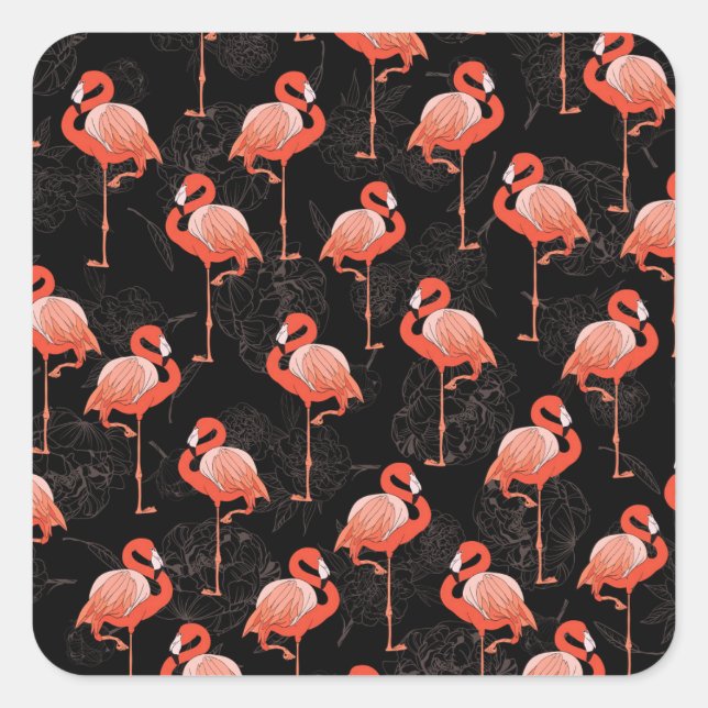 Flamingos Birds: Vintages Textildesign Quadratischer Aufkleber (Vorderseite)