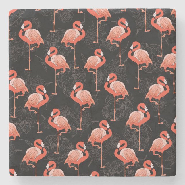 Flamingos Birds: Vintages Textildesign Steinuntersetzer (Vorderseite)