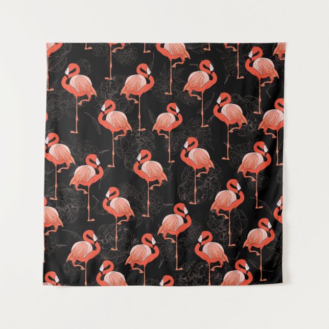 Flamingos Birds: Vintages Textildesign Wandteppich (Vorderseite)