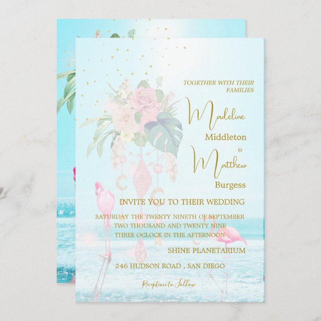 Flamingos Blue Jewels Wedding Einladung (Vorne/Hinten)