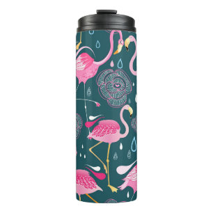Flamingos Blume: Dunkle Grafik nahtlos. Thermosbecher