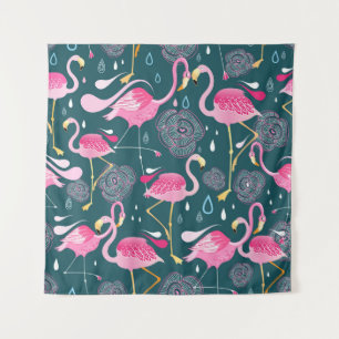 Flamingos Blume: Dunkle Grafik nahtlos. Wandteppich
