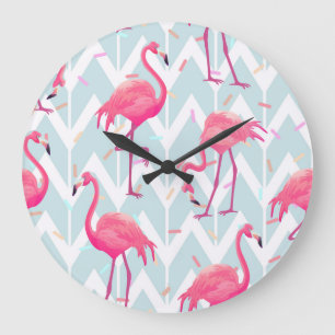 Flamingos Hellgrau: Vintage Tropical. Große Wanduhr