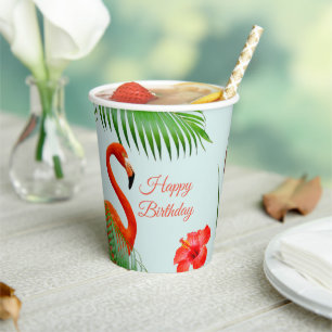 Flamingos, Hibiskus und Palmwedel auf hellblau Pappbecher