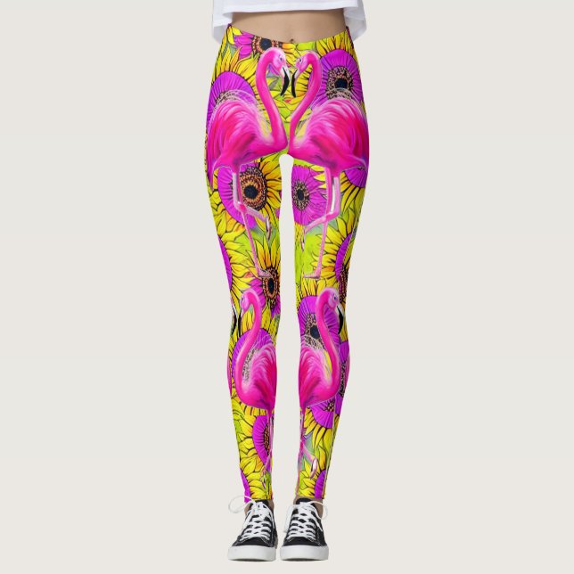 Flamingos im Hintergrund der Blume Leggings (Vorderseite)