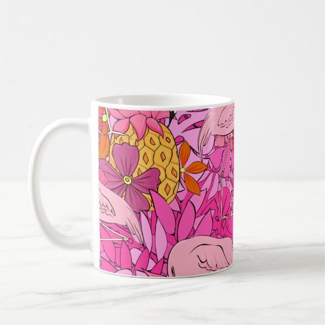 Flamingos im Hintergrund tropischer Blätter und f Kaffeetasse (Links)