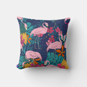 Flamingos im Hintergrund tropischer Blätter und f Kissen