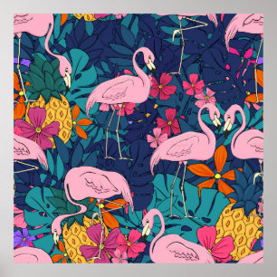 Flamingos im Hintergrund tropischer Blätter und f Poster