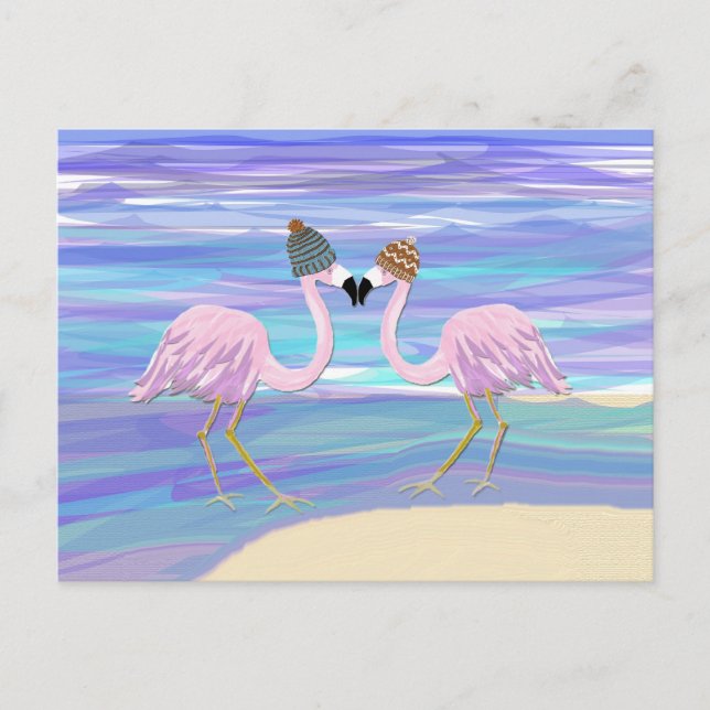 Flamingos in gestrickten Hüten Postkarte (Vorderseite)