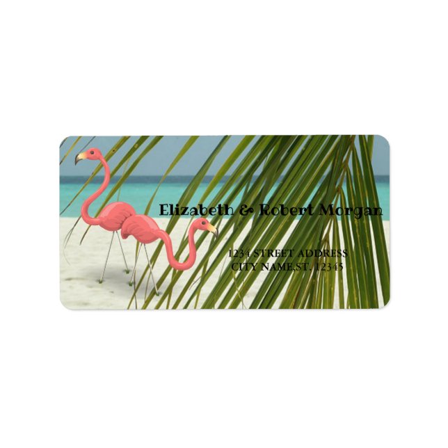 Flamingos in Liebe, Strand, Palmenhochzeit Adressaufkleber (Vorne)