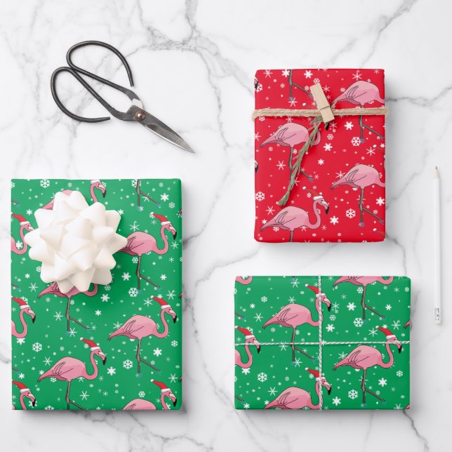 Flamingos in Weihnachtsmannmützen Weihnachten Geschenkpapier Set (Vorderseite)