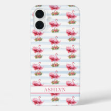 Flamingos mit Blumen auf Wasserfarbenstreifen