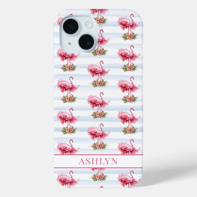 Flamingos mit Blumen auf Wasserfarbenstreifen Case-Mate iPhone Hülle (Rückseite)