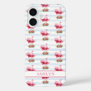 Flamingos mit Blumen auf Wasserfarbenstreifen iPhone 16 Hülle