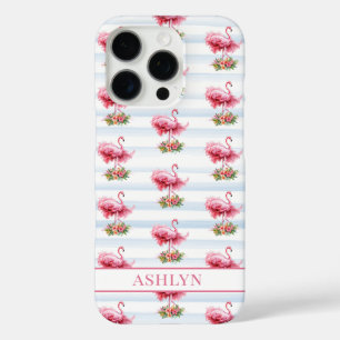 Flamingos mit Blumen auf Wasserfarbenstreifen iPhone 16 Pro Hülle