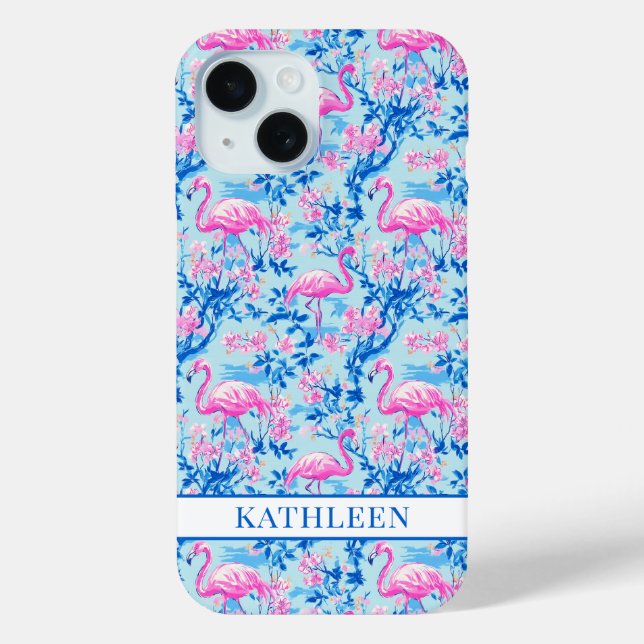 Flamingos mit rosa Blumen monogrammiert Case-Mate iPhone Hülle (Rückseite)