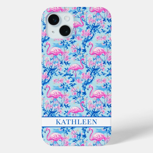 Flamingos mit rosa Blumen monogrammiert Case-Mate iPhone Hülle (Rückseite)