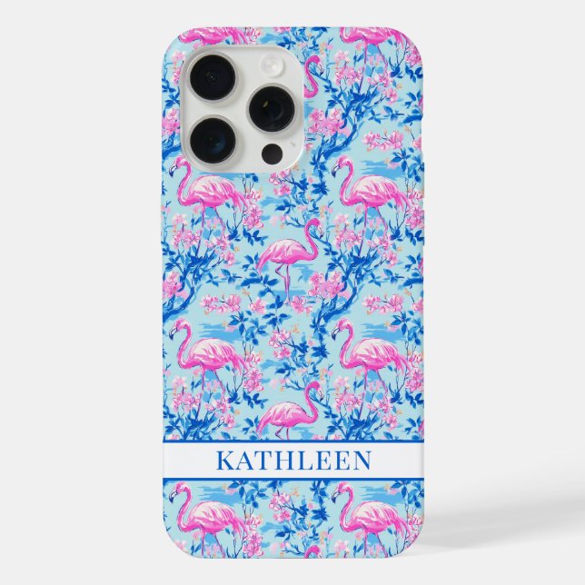 Flamingos mit rosa Blumen monogrammiert iPhone Hülle (Rückseite)