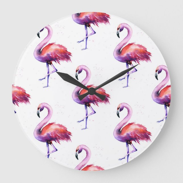 Flamingos mit Splash: Aquarellmuster. Große Wanduhr (Vorderseite)