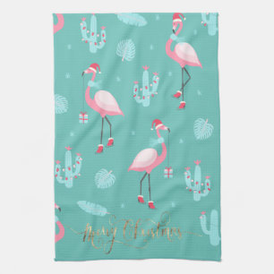Flamingos mit Weihnachtsmannmütze Geschenke Schnee Geschirrtuch