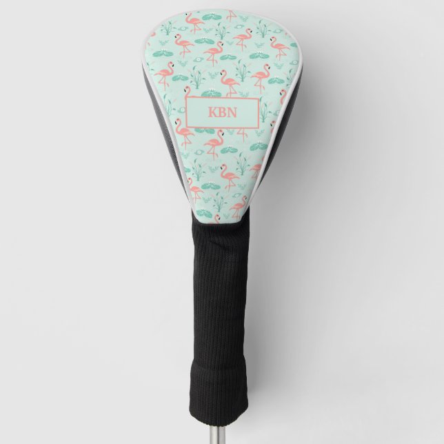 Flamingos Monogramm Tropical Bird Rosa Grün Golf Headcover (Vorderseite)