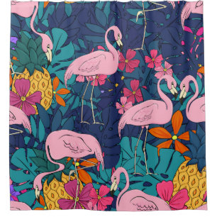 Flamingos on a background of tropical leaves and f duschvorhang