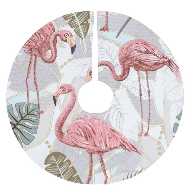 Flamingos, Palmen Blätter: Vintages Muster. Polyester Weihnachtsbaumdecke (Vorderseite)