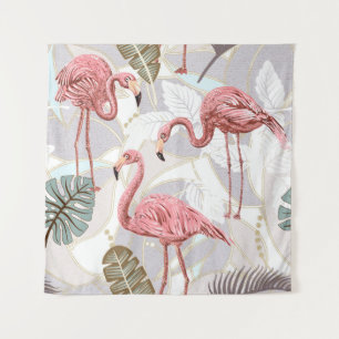 Flamingos, Palmen Blätter: Vintages Muster. Wandteppich