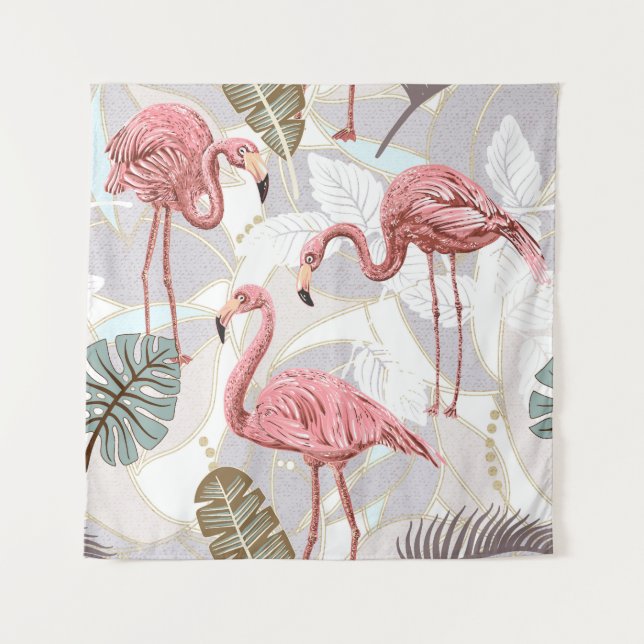 Flamingos, Palmen Blätter: Vintages Muster. Wandteppich (Vorderseite)