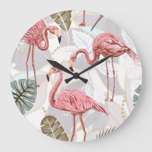 Flamingos, Palmwedel: Vintage-Muster. Große Wanduhr