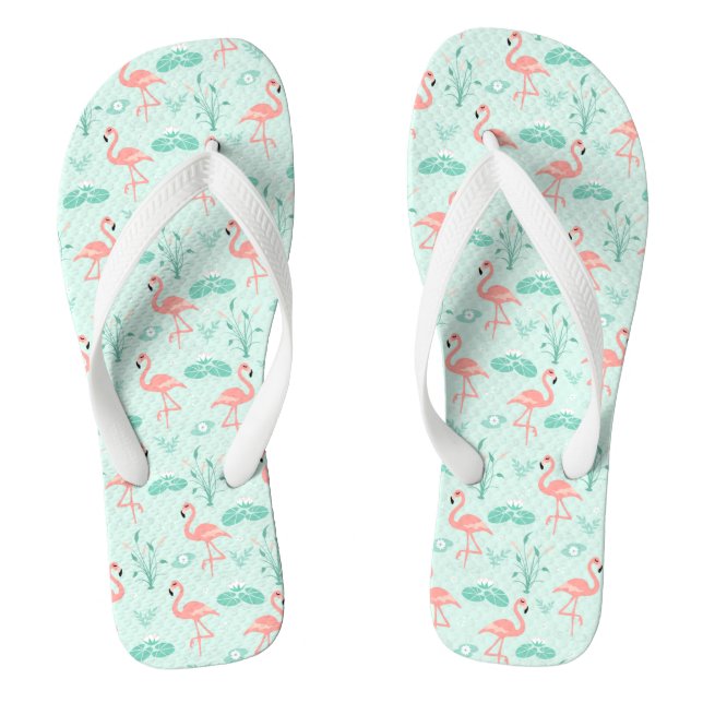 Flamingos Pink Grüne tropische Vögel Trendy Flip Flops (Fußbett)