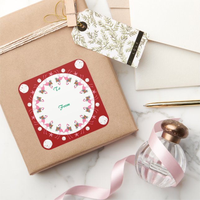 Flamingos Red Beach Weihnachten bis zum Geschenksi Quadratischer Aufkleber (Schenken)