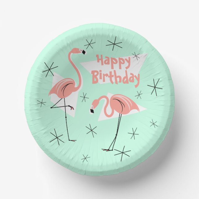 Flamingos Retro Green Happy Birthday Pappteller (Vorderseite)