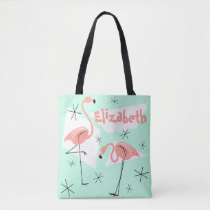 Flamingos Retro Green Name auf der ganzen Tasche