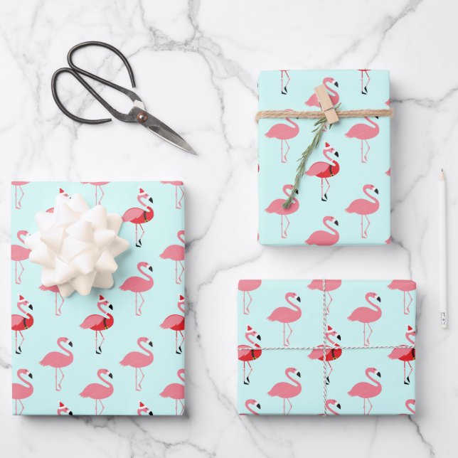 Flamingos Santa Pink Flamingo Blue Christmas Geschenkpapier Set (Vorderseite)