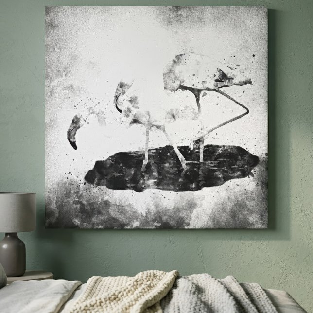 Flamingos Schwarz und Weiß Leinwanddruck (Black and White Flamingo Watercolor Wall Art Decor. Canvas Print)