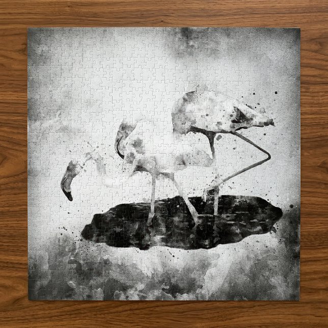Flamingos Schwarz und Weiß Puzzle (Black and White Flamingo Watercolor Wall Art Decor. Jigsaw Puzzle)