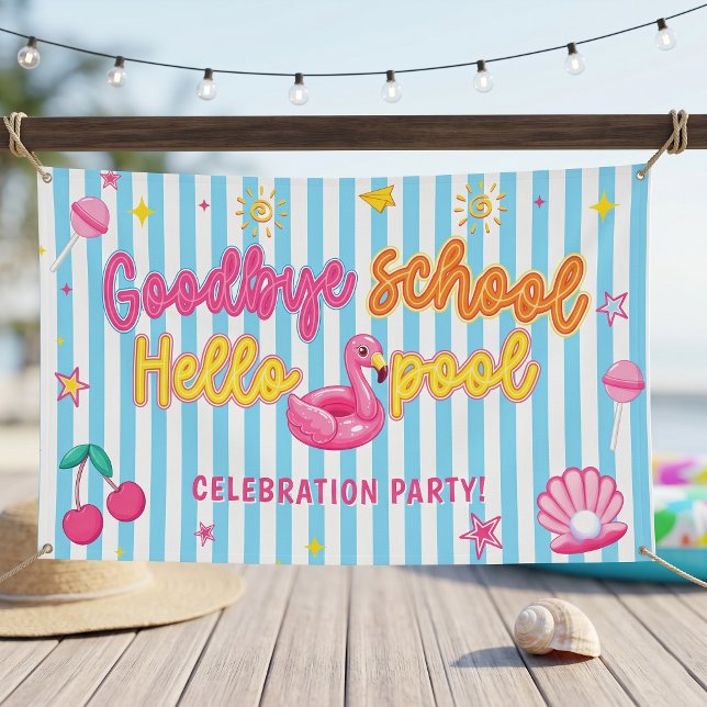 Flamingos Streifen Abschied Schule Hallo Pool Banner (Von Creator hochgeladen)