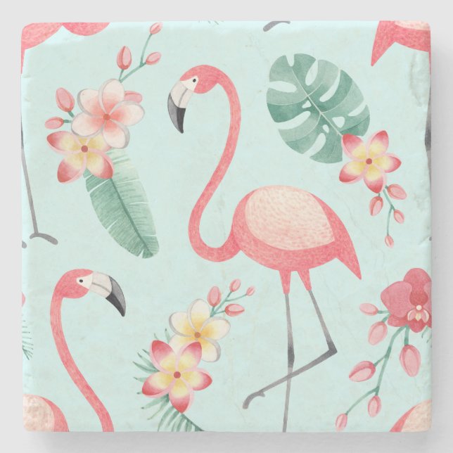Flamingos Tropical Blume Wasserfarbenes Muster Steinuntersetzer (Vorderseite)