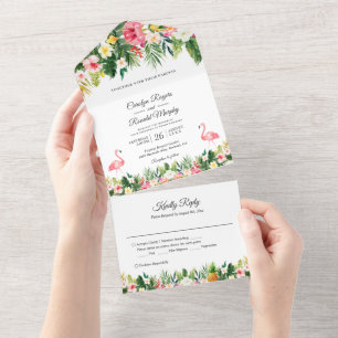 Flamingos Tropical Palm Blätter Floral Wedding All In One Einladung