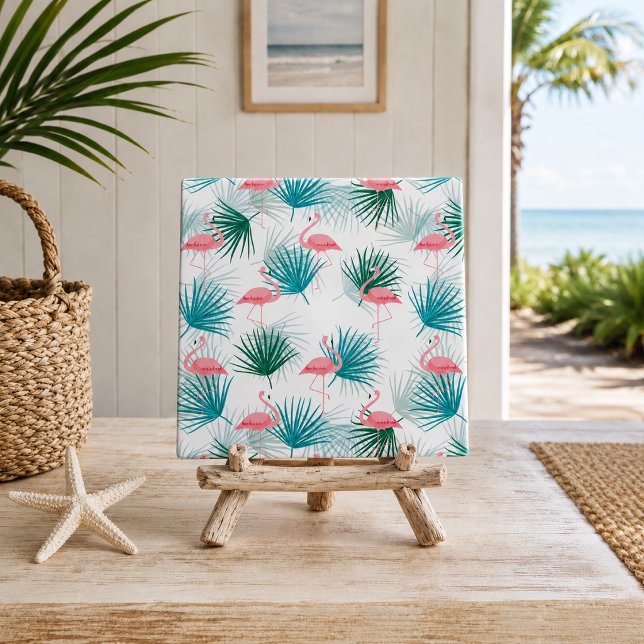 Flamingos Tropical Palmetto Leaf Fronds Fliese (pink flamingos and palmetto leaves tropical foliage decorative ceramic tile displayed on easel)